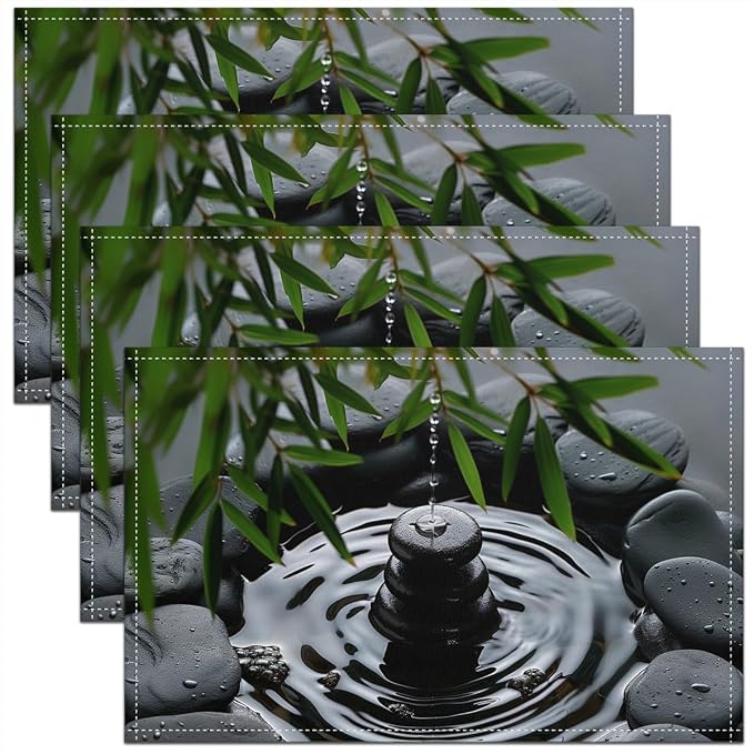 Feelyou Bamboo Rock Placemats Set of 4 12"x18" Tree Design Placemats for Dining Table Indoor Outdoor Kitchen Asian Culture Inspired Art Eastern Table Mats Placemat Green Gray Decor Table Place Mats by Feelyou