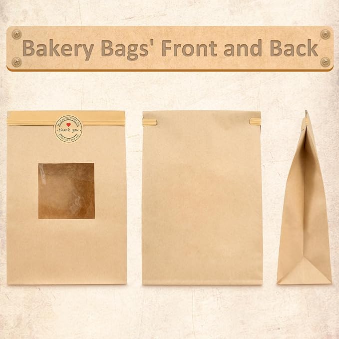 25-Piece Kraft Paper Bags with Window, Tin Tie Tab Locks and Free Stickers (5.9'L x 2.8'W x 9'H) for Food Storage - Image 3