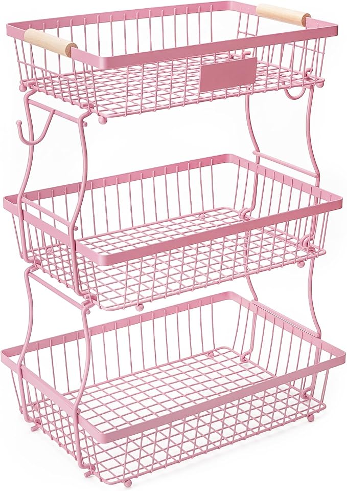 3 Tier Fruit Basket with 2 Banana Hangers, Mesh Basket Fruits Stand Produce Holder Organizer for Onion Potato Bread Snack Veggie Pink by Lawhood-Mijin