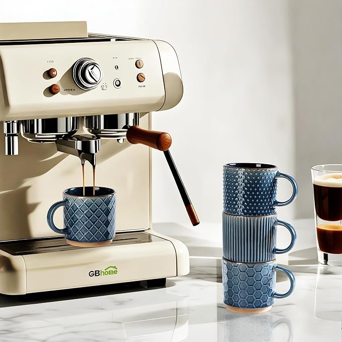 GBhome 6 OZ Stackable Coffee Mugs Set of 4, Ceramic Coffee Cups Set | 4 Assorted Designs, Embossed Mugs with Texture Patterns for Espresso/Tea, Dishwasher&Microwave Safe, Blue - Image 4