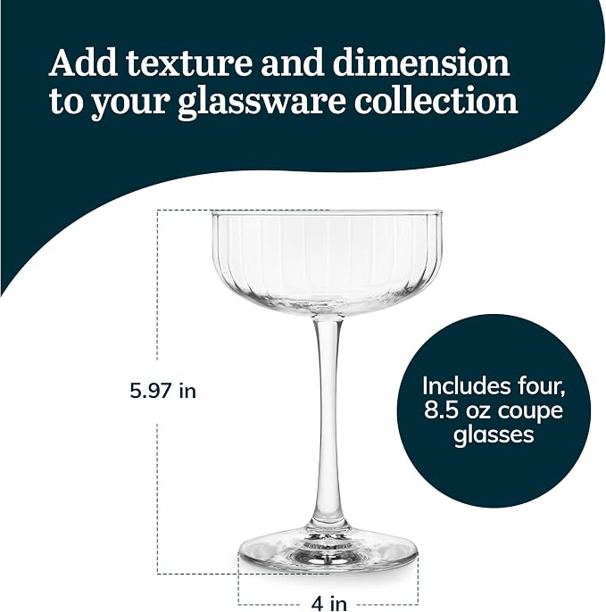 Libbey Paneled Cocktail Coupe Glasses, 8 Oz Stemmed, Set of 4 | Fine Ribbed Line, Coupe Glass Set, Dishwasher Safe, Cocktail Martini Glasses - Image 3