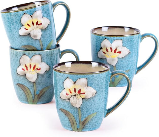 12oz Coffee Mugs Set of 4, Hand-Painted Floral Stoneware Cups with Handle, Dishwasher Microwave Oven Safe, Cappuccino Mugs for Latte, Tea, Espresso & Hot Cocoa, for Home Kitchen & Cafe, Blue by WHITEPENOY