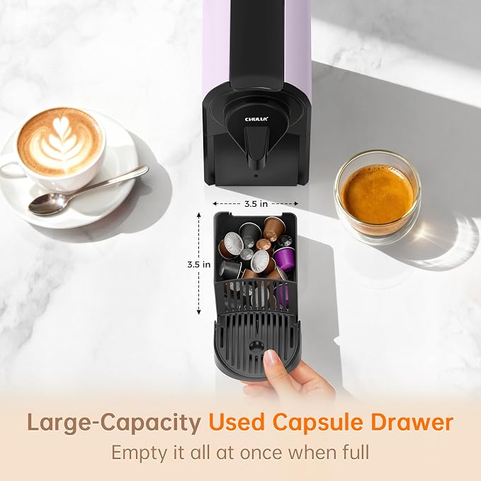 CHULUX Bafè-Pro 20Bar Espresso Coffee Machine for Fast Extraction, Lavender | 1400W Rapid Heating, Espresso Lungo Buttons, Used Capsule Drawer, Auto-Eject System, 24oz Removable Reservoir, Mini Footprint - Image 5