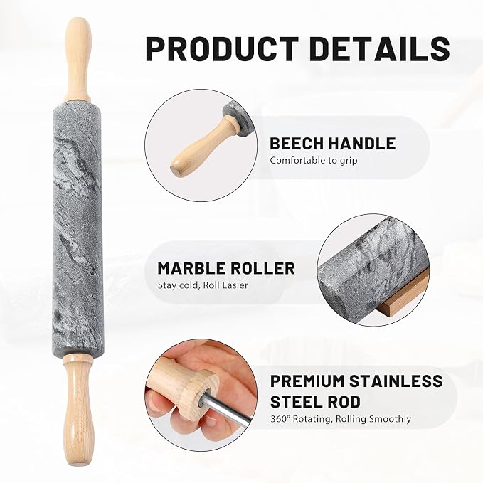 Marble Rolling Pin, Non-Stick Polished Dough Roller, Pasta, Dumpling, Ravioli, Fondant,Pie Crust, Kitchen Baking Pastry Tools Grey Marble - Image 3