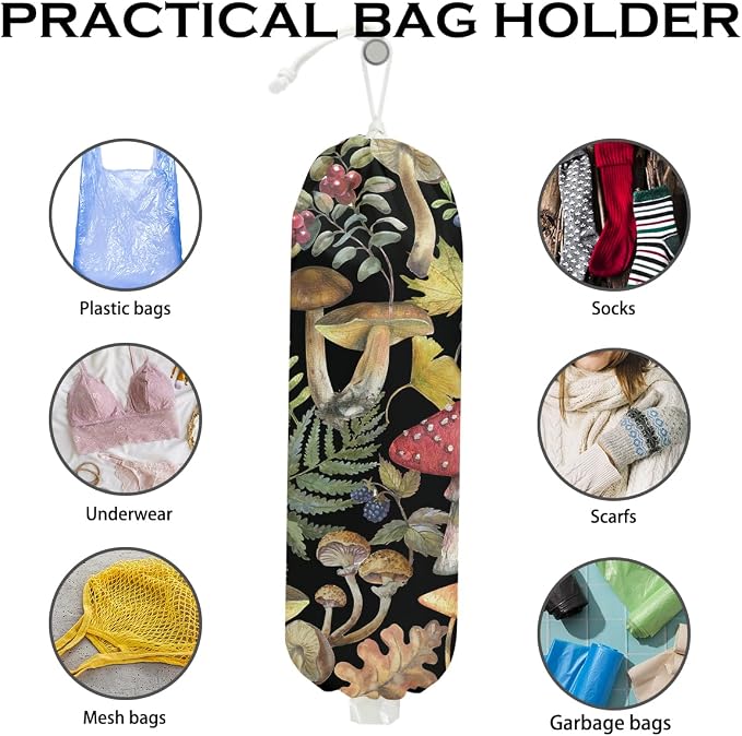 Mushroom Plastic Bag Holder for Kitchen Essential, Mushroom Gifts for Women | Wall Mount Grocery Bag Holder for Plastic Bags, Summer Leaves Reusable Shopping Bags Storage Dispenser for Home Kitchen - Image 3