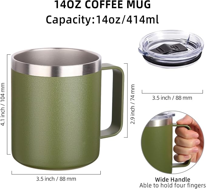 Volhoply 14oz Insulated Stainless Steel Coffee Mug with Lid Bulk 8 Pack,Double Wall Vacuum Travel Coffee Cup with Handle,Reusable Cups Tumbler,Camping Mugs Keep Hot, Ideal Gifts(Army Green,8) - Image 2