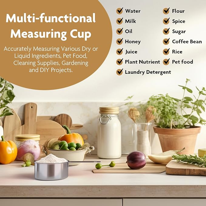 1PCS 1 Cup(16Tbsp, 240ml, 8oz) Stainless Steel Measuring Cup, Single Metal Scoop for Wet and Dry Ingredients, Great Kitchen Gadgets for Cooking