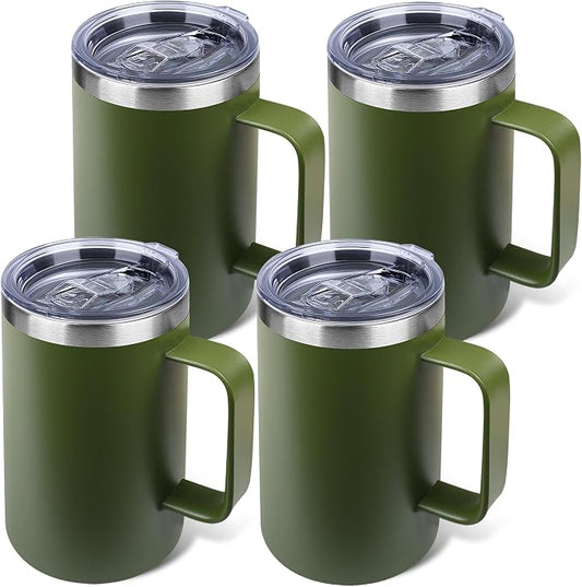 22oz Insulated Coffee Mug with Handle & Leak-Proof Lid - Double Wall Stainless Steel Travel Tumbler Bulk for Commute/Office/Home, Army Green, 4 Pack by Unknown
