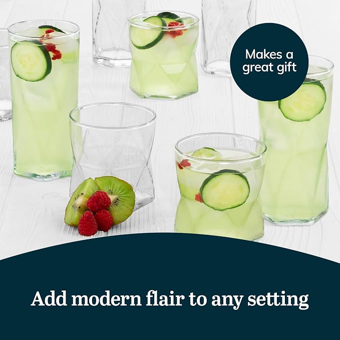 Libbey Rhombus Tumbler and Rocks Drinking Glasses Set of 16, Fun Geometric Glass Cups Set, Kitchen Glasses Set for Cocktails, Water, and Everyday Use - Image 5