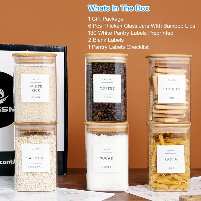 CZZGSM 6 Pack Square Kitchen Storage Jars with Airtight Bamboo Lids and 132 Pantry Labels - 35oz Glass Canisters With Wood Lids - Food Storage Containers for Coffee, Cookie, Tea, Spice - Image 2