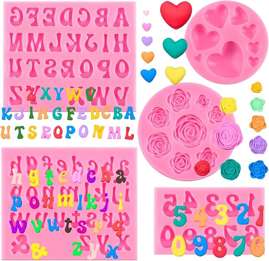 Silicone Letter Molds for Chocolate, 5 Pcs Number Alphabet Chocolate Molds Heart Fondant Molds for Candy Treat Strawberry Cupcake Cake Decoration Clay Resin Candle Making