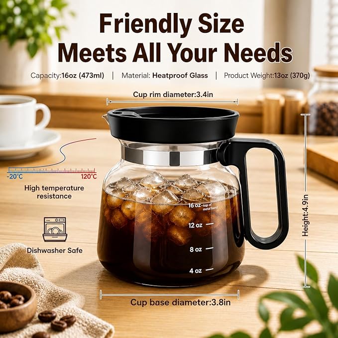Shelprojsu 16oz Coffee Pot Mug,Glass Coffee Cups Mini Coffee Pot Coffee Mug,with Leak-proof Lid Large Capacity, For Ldeal Gift Coffee Lovers(1pc) - Image 3