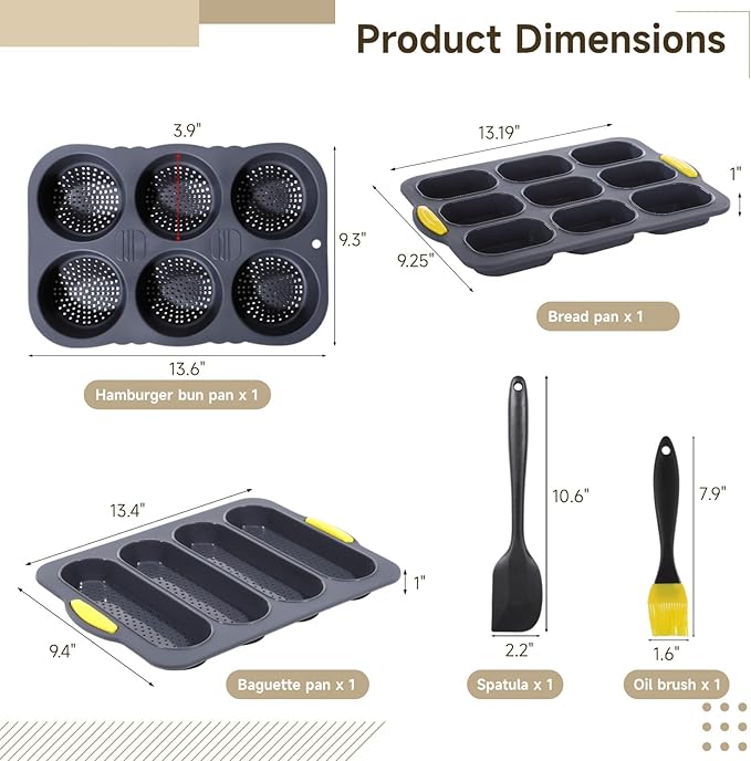 OMISTAR Silicone Hamburger Bun Mold Set of 5-4 6 9 Cup Silicone Hamburger Bun and Baguette Pan with Scraper and Oil Brush,Nonstick Baking Tray Bread Pans for Homemade Bread Loaf Sandwich