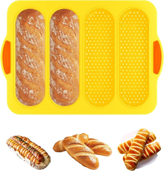 Silicone Bread Loaf Pan, 4-cavity Non-Stick Baguette Bread Pan Heat Resistant Hot Dog Bun Mold, for Sub Roll Baking Pan Bread Pans for Homemade Bread（Yellow）