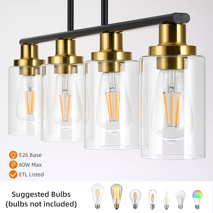 Island Lights for Kitchen, 4-Light Farmhouse Dining Room Light Fixtures Over Table, Matte Black and Gold Linear Chandeliers for Dining Room，Industrial Pendant Lighting with Clear Glass Shade - Image 3