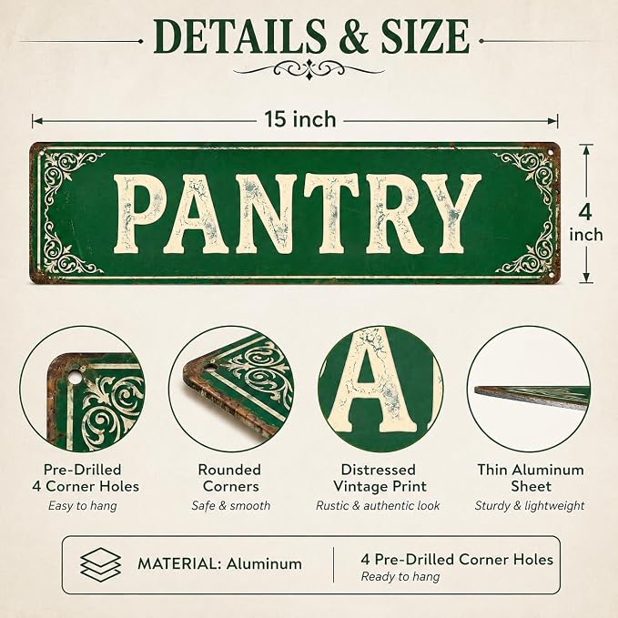 Pantry Aluminum Metal Sign, Vintage Farmhouse Wall Decor for Pantry Door, Food Storage Room, Kitchen Organization, Rustic Home Decor,15X4inch - Image 4