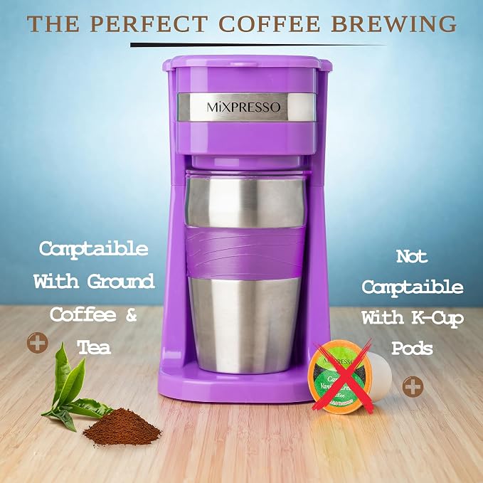 Mixpresso Single Serve & Single Cup Coffee Maker with 14oz Travel Mug | For ground coffee only, reusable filter, auto shut off. Compact personal drip coffee maker, not compatible with K-Cup pods. - Image 7