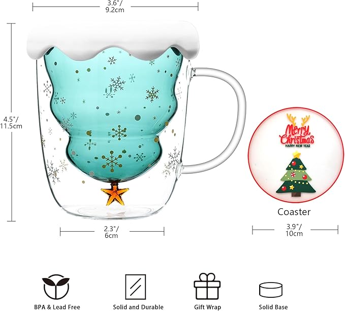 Christmas Tree Mugs Set of 2 Double Wall Mugs with Lid and Handle - Cute Christmas Glass Mugs Gift for Women, Men, Kids