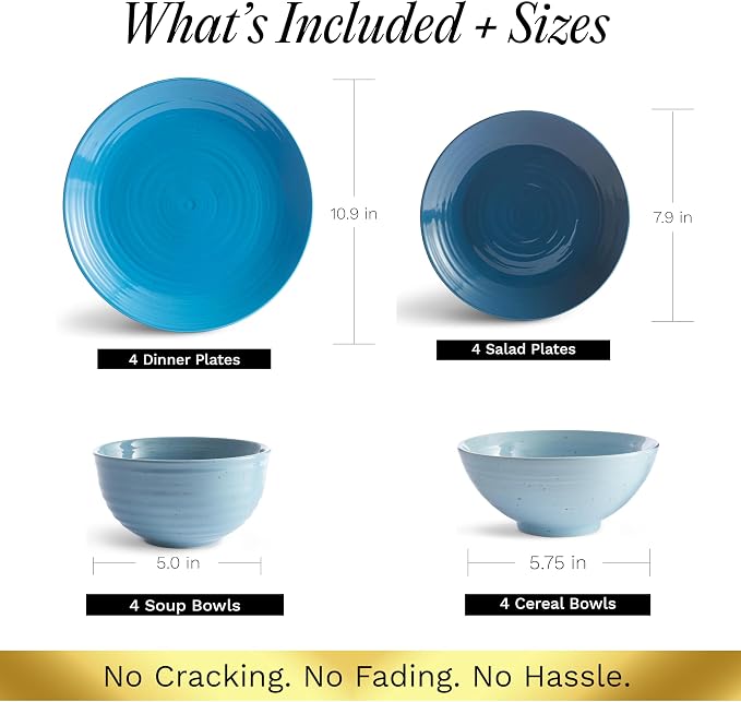 Sango Siterra Artist's Blend 16-Piece Stoneware Dinnerware Set – Service for 4, Ocean Blue Glossy Glaze with Unique Speckled Design, for Everyday Dining & Entertainment, Microwave & Dishwasher Safe - Image 5