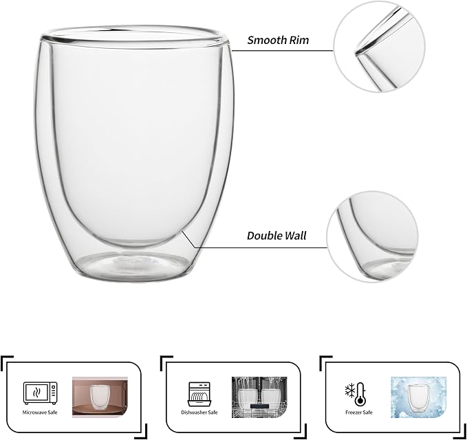 NIRA.Z 4 Pack 11.6oz/343ml Double Wall Glass Coffee Mugs, No Hole Bottom, Insulated Borosilicate Glass Coffee Cups, Clear Mugs for Hot & Cold Beverages, Perfect for Espresso, Latte, Tea, Cappuccino - Image 3