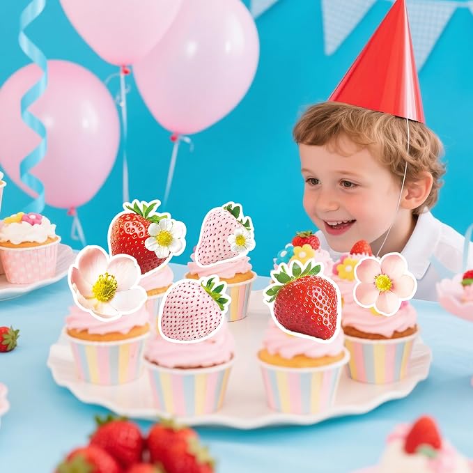 72Pcs Edible Strawberry Cupcake Toppers Wafer Paper Strawberry Flower Bridal Engagement Baby Shower Kids First Birthday Party Cake Decorations Supplies - Image 5