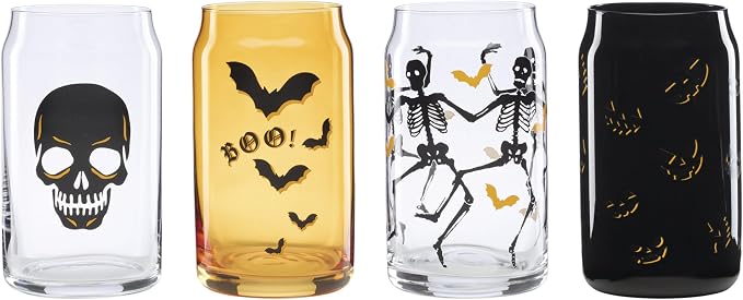 Oneida Vintro Halloween Can Cooler Glasses, 16oz, Set of 4 | dishwasher safe | skeleton and bat designs | halloween party glassware | 5.75 inch, 16oz, halloween kitchen decor by Oneida