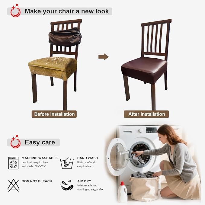 Waterproof Pu Leather Seat Covers Set of 4, Removable Chair Covers | Soft Chairs Seat Slipcovers,Dining Chair Cover Washable Chair Protector Cover Stretch Kitchen Chair Covers - Image 7