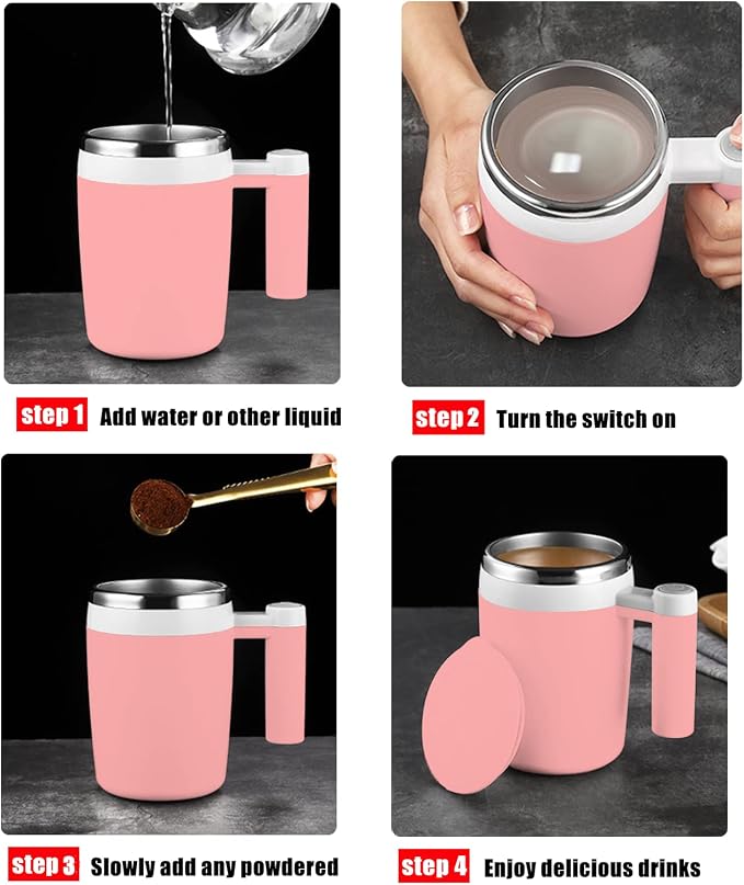 Self Stirring Mug,Rechargeable Auto Magnetic Coffee Mug with 2Pc Stir Bar,Waterproof Automatic Mixing Cup for Milk/Cocoa at Office/Kitchen/Travel 14oz Best Gift - Pink - Image 3
