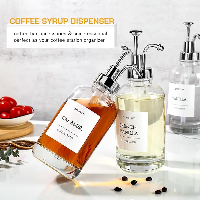 Coffee Bar Accessories,MHDCLY Coffee Syrup Dispenser - 4pack,16.9oz Syrup Dispenser with Labels ，Syrup Pump Dispenser for Coffee Bar(Silver pump)