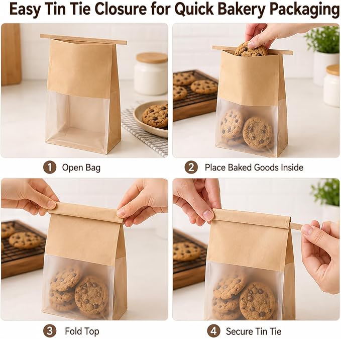 Kraft Bakery Bags with Window & Tin Tie, Stand Up Bread Bags | Window Paper Bags for Homemade Bread, Cookies, Pastries & Treats, Grease Resistant Packaging for Bake Sale, Bakery & Gifts - Image 3