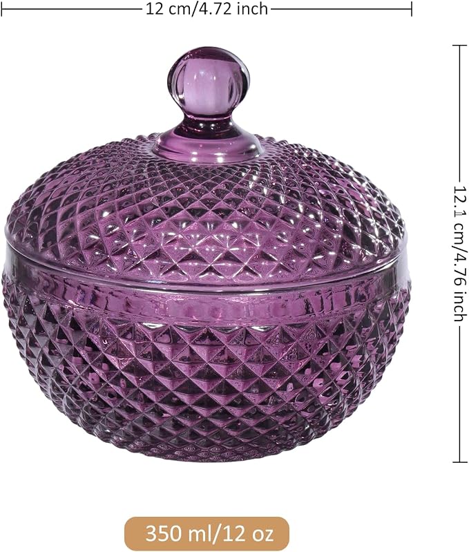 Joeyan 12 oz Small Dark Purple Glass Jars with Lid,Embossed Candy Dishes,Diamond Faceted Food Container,Decorative Jewelry Box Apothecary Canisters,Colored Kitchen Bathroom Buffet Storage Organizer - Image 7