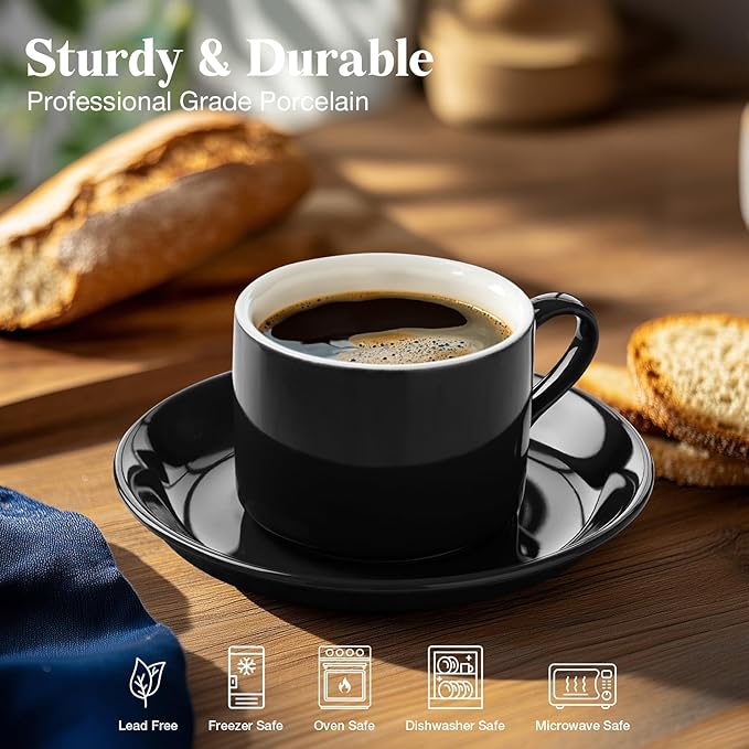 5 Ounce Black Porcelain Stackable Espresso Cups with Stainless Steel Holder, Set of 4, Durable Ceramic, Perfect for Home, Office or Gift