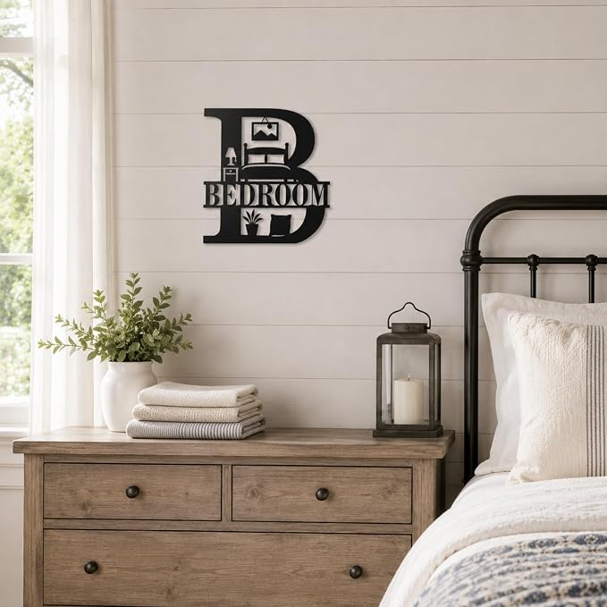 Bedroom Metal Wall Decor, Modern Farmhouse Room Sign, 14 Inch | 14-inch matte black metal BEDROOM sign with pre-drilled holes for bedrooms, guest rooms, dorms, and modern farmhouse decor. - Image 6