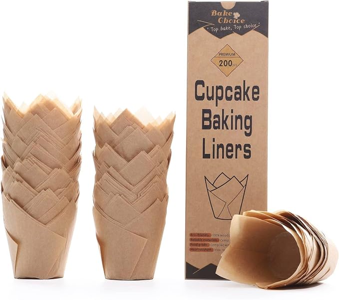 Bake Choice 200pcs Natural Tulip Cupcake Liners for Baking Muffin Liners | Unbleached European Parchment Paper, Heat-resistant, Greaseproof, Cupcake Wrapper for Party, Christmas, Gift by BakeChoice