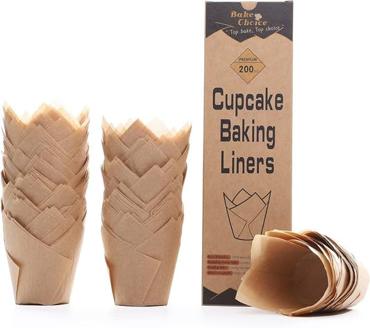 Bake Choice 200pcs Natural Tulip Cupcake Liners for Baking Muffin Liners | Unbleached European Parchment Paper, Heat-resistant, Greaseproof, Cupcake Wrapper for Party, Christmas, Gift by BakeChoice