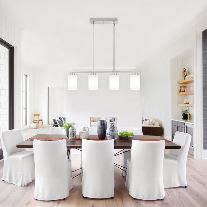 Brushed Nickel Kitchen Island Lighting Modern Dining Room Light Fixtures | 4-Light Linear Chandelier Over Table, 30'' Island Lights for Kitchen White Frosted Glass Shades, Adjustable Height - Image 9