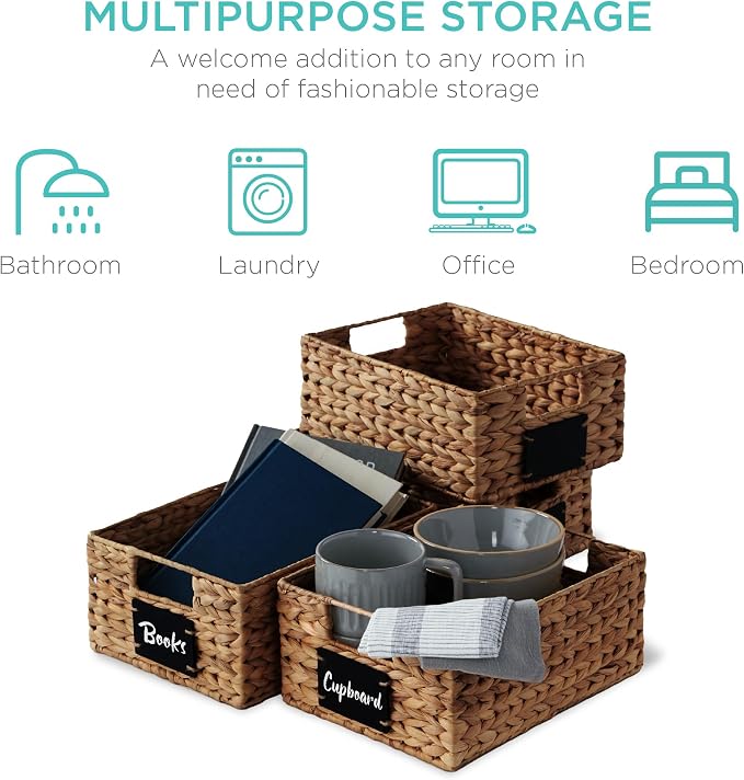 Best Choice Products Set of 4 9x12in Water Hyacinth Pantry Baskets, Woven Organizers w/Chalkboard Label, Chalk Marker - Chestnut - Image 6