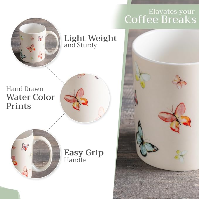 Maison d' Hermine Coffee Mug with Handles Tea Cups (15 Ounce, Pack of 1) | Fine Bone China Coffee Mugs for Hot Beverages Cappuccino Latte Home Restaurant Spring Summer -Botanical Fresh - Butterflies - Image 5