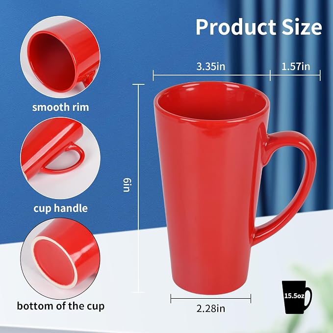 BYCNZB 16oz black Funnel Ceramic Tall Coffee Mugs for Coffee, Tea, Cocoa, Latte, Milk set of 4 (Red) - Image 2
