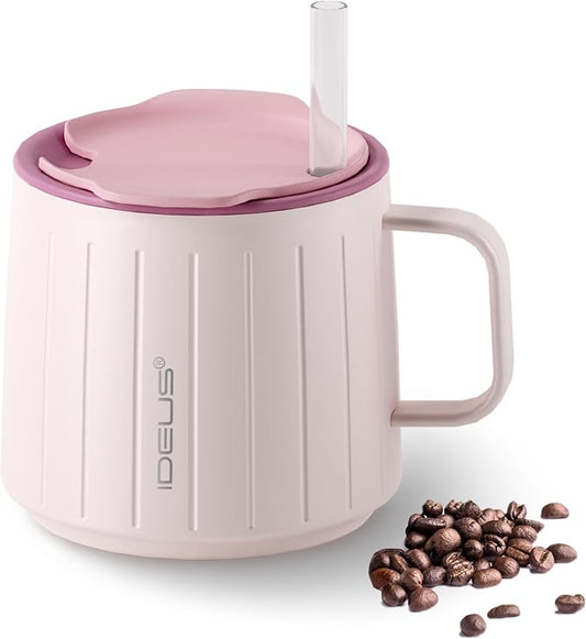 Ideus 14 oz Insulated Coffee Mug with Handle and Lid, Double Wall Stainless Steel Vacuum Thermal Coffee Mug, Travel Coffee Cup for Home and Office, Light Pink by IDEUS