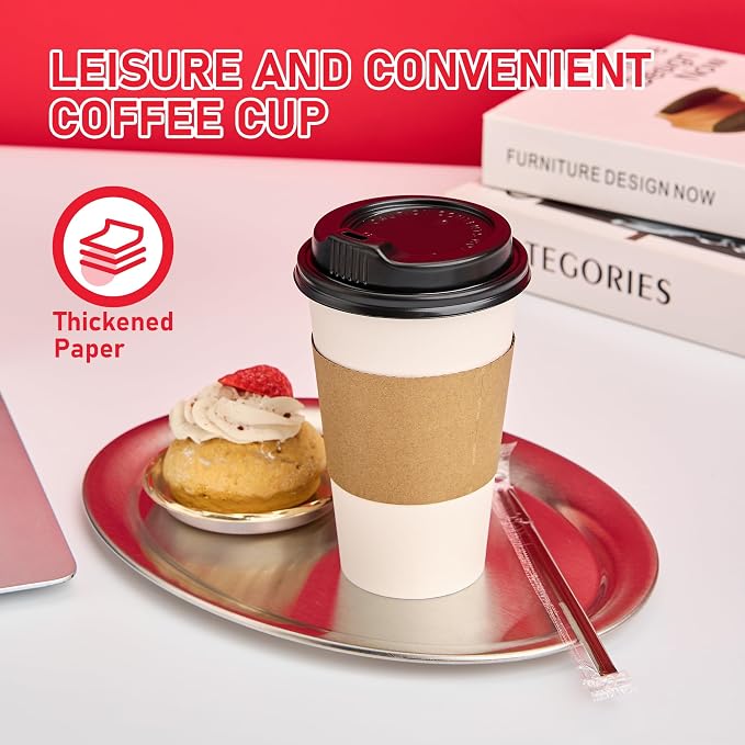 16 oz 100 Pack Coffee Cups with Lids, Sleeves and Stirring Sticks, Hot Paper Coffee Cups with Lids, To Go Cups with Lid for Coffee, Tea, Hot Chocolate, Ideal for Cafes, Offices and Travel - Image 4