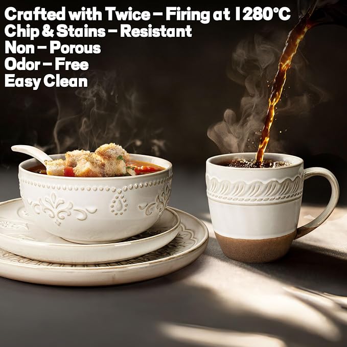 Artena Ceramic Coffee Mugs Set of 4, 16oz Embossed Large Latte Mugs Coffee Cups with Handle for Tea, Latte, Cappuccino & Cocoa, Milk Dishwasher & Microwave Safe, White (Willow Leaf) - Image 3