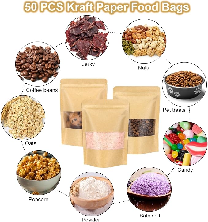 50 Pack Kraft Resealable Bags with Window for Storage (4.8 x 6.5 Inches) | Brown Zipper-Lock Heat Sealable Stand Up Pouch Bags with Matte Window and Tear Notch for Small Business Home Use - Image 5