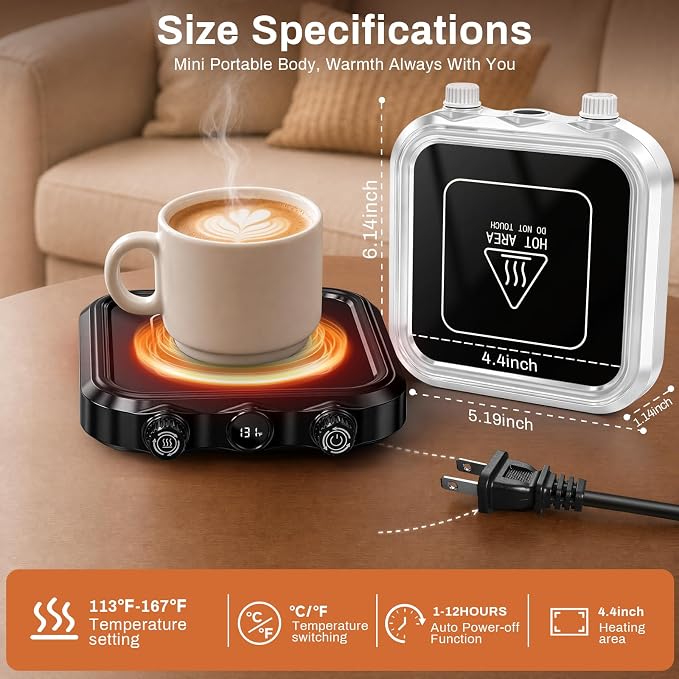 Coffee Mug Warmer, 8 Temp Settings, 4H Auto Off, 1-12H Timer, Memory Function, Anti-mistouch Knob, High Temp Resistant Explosion-Proof Glass Panel for Home Office Desk (Black) - Image 2