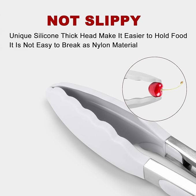 2 Pack Silicone Kitchen Tongs – 9" & 12" Set, Heat Resistant up to 500°F, Non‑Stick Cookware Safe, Wavy Silicone Tips, BPA Free, Locking Clip & Hanging Loop, Light Grey - Image 2