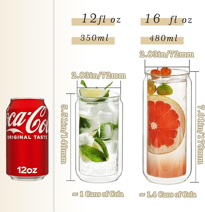 LIBWYS 16oz Double Wall Drinking Glass Cup with Bamboo Lid and Straw, 1 Pc Set – Condensation Resistant Insulated Glass Can Tumbler for Cold Drinks, Iced Coffee, Tea, Juice, Cleaning Brush