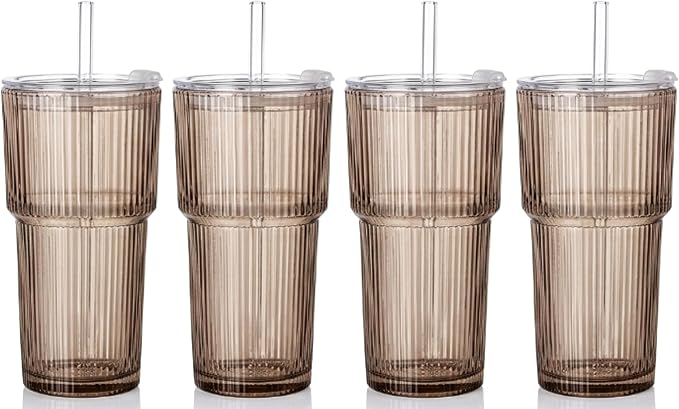 4PCS Gray Glass Cups with Lids and Straws, 20oz Vintage Drinking Glasses, Aesthetic Iced Coffee Cups, Glass Tumbler for Boba, Beer, Tea, Cocktails, Grey Ribbed Glassware Set (Gray-4) by SIPBYSOP