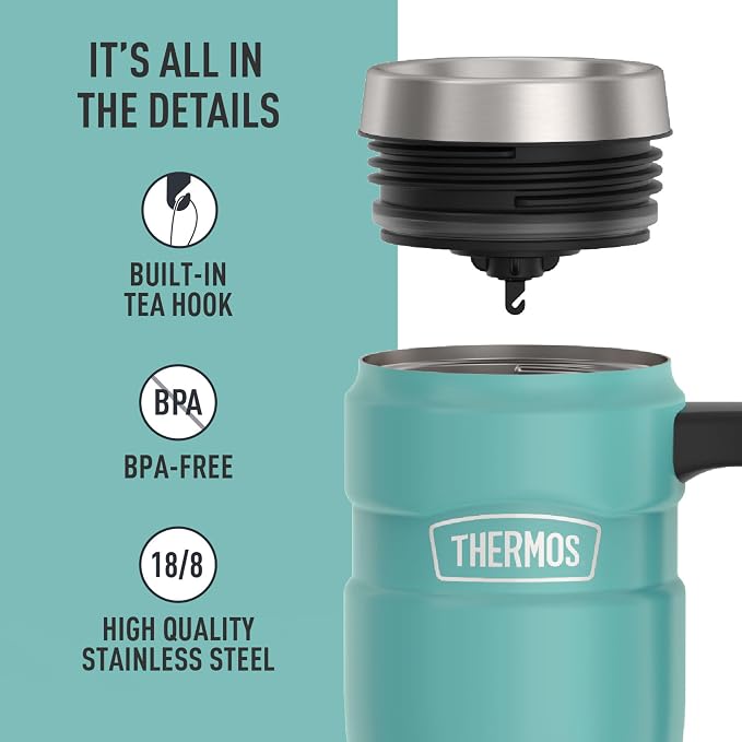 THERMOS Stainless King Vacuum-Insulated Travel Mug with Handle - 16oz, Matte Teal Tumbler for Hot & Cold Drinks - Leak & Sweat-Proof Stainless Steel Coffee Mug with Lid for Commuting - Image 4