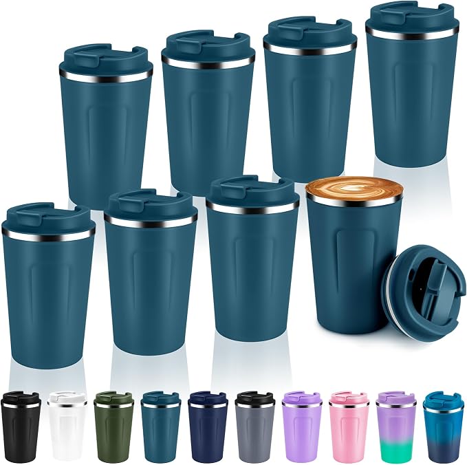 Volhoply 12 oz Double Wall Insulated Vacuum Travel Coffee Mug with Flip Lid Bulk 8 Pack,Reusable Stainless Steel Leak Proof Coffee Cup,Portable Cafe Thermal Tumblers for Hot & Cold Drinks(Bule,8 Set) by LiveFully%EF%BC%8CDrinkFreely%E2%80%94KeepGoingwithVolhoply%EF%BC%81