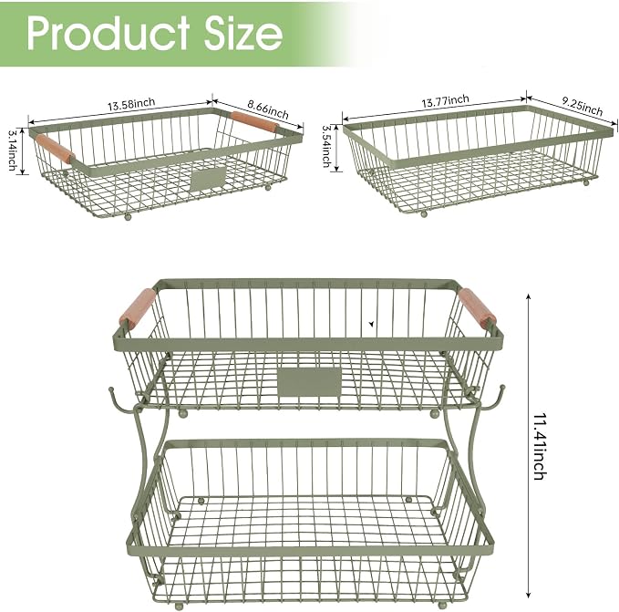 Fruit Basket Bowl 2 Tier Detachable with 2 Banana Hangers, Fruit Stand Holder for Kitchen Countertop, Metal Wire Vegetable Storage Organizer, for Bread Snack Veggies Produce,green - Image 2